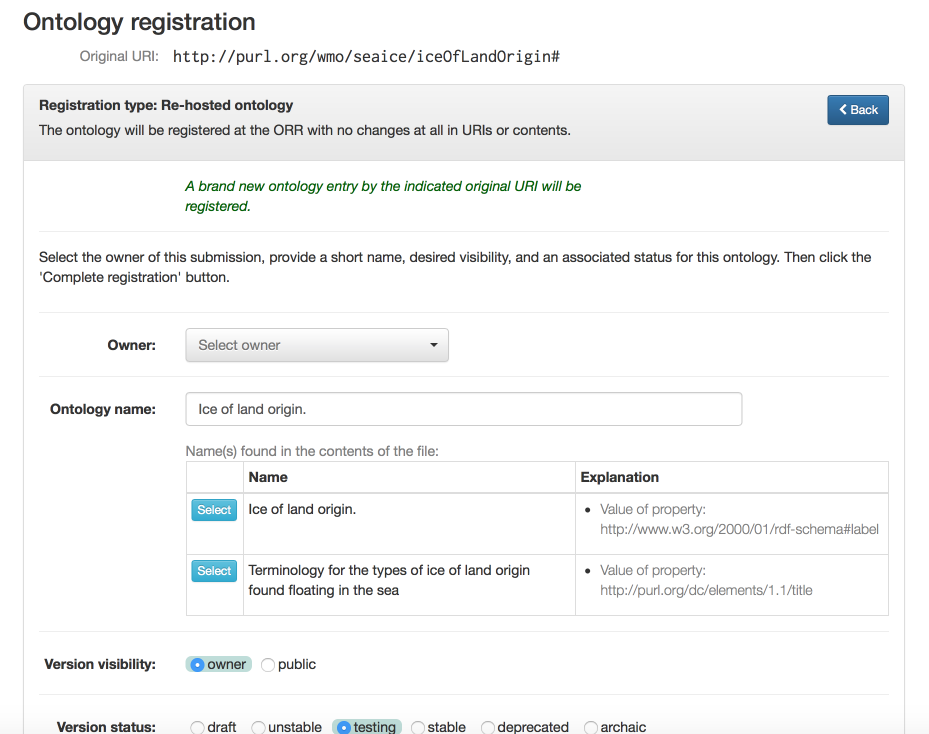 Ontology registration completion